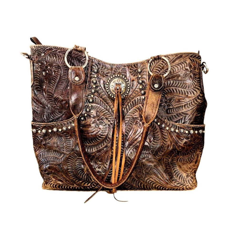 VTG American West Hand Tooled Brown Leather Handbag Western Cowgirl Chic Concho